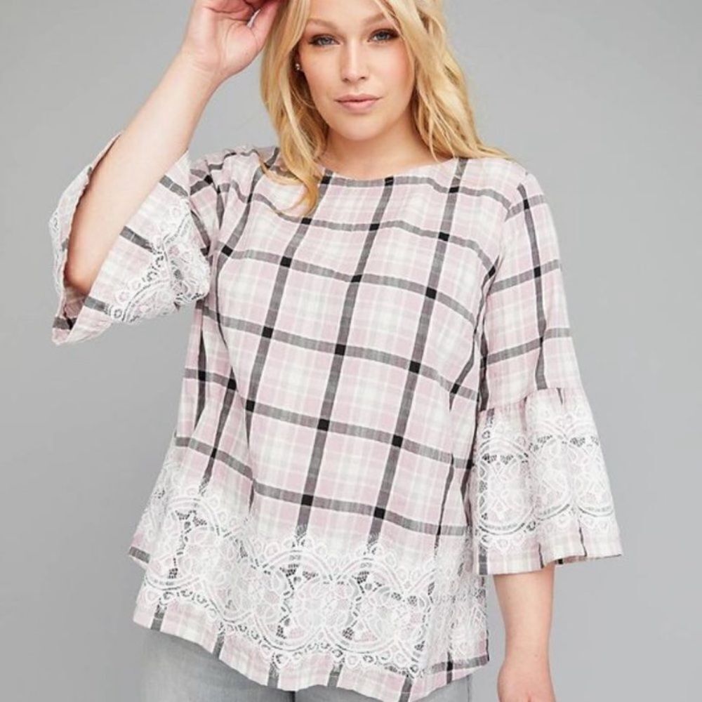 Lane Bryant Plaid Lace Bell 3/4 Sleeve Top Modern Feminine Casual Event Boho